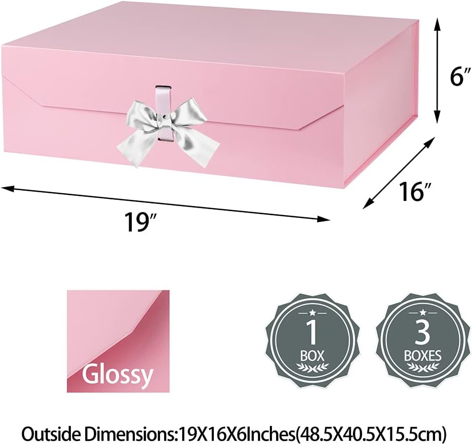 Extra Large Pink Gift Box with Ribbon 19x16x6 Inches, Gift Box with Lid Magnetic Closure, Groomsman Proposal Box, Rectangle Collapsible Gift Boxes for Wedding Dress(Pink)