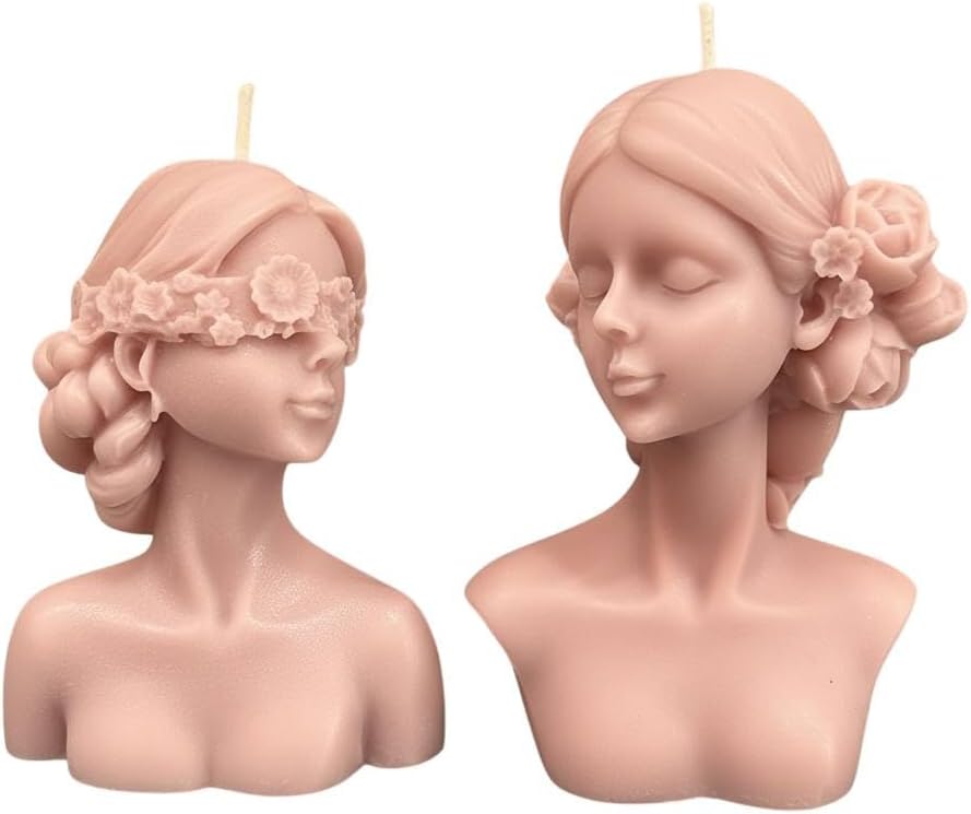 Handmade Bust Candle – Elegant Goddess Sculpture Candle – Decorative Home Décor & Unique Gift (Set of Two, Pink)