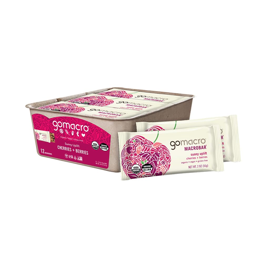 GoMacro MacroBar Organic Vegan Snack Bars - Cherries + Berries (2.0 Ounce Bars, 12 Count)