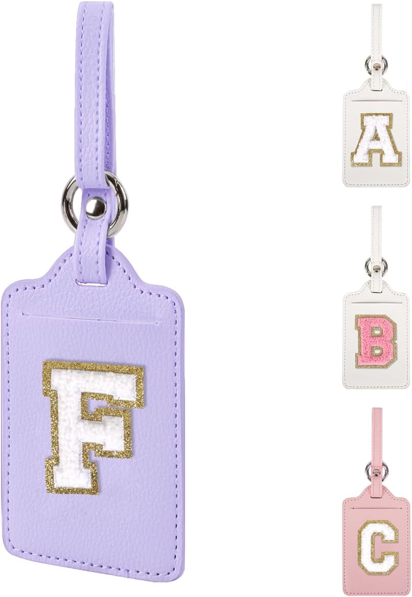 Personalized Initial Luggage Tags for Suitcases, Leather Chenille Letter Cute Luggage Tags with Privacy Name Card, Embroidered Travel Bag Backpack Tags Gifts for Women Kids Girls Teens(Purple-F)