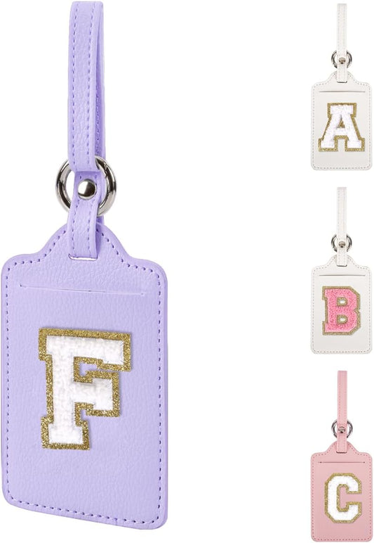 Personalized Initial Luggage Tags for Suitcases, Leather Chenille Letter Cute Luggage Tags with Privacy Name Card, Embroidered Travel Bag Backpack Tags Gifts for Women Kids Girls Teens(Purple-F)