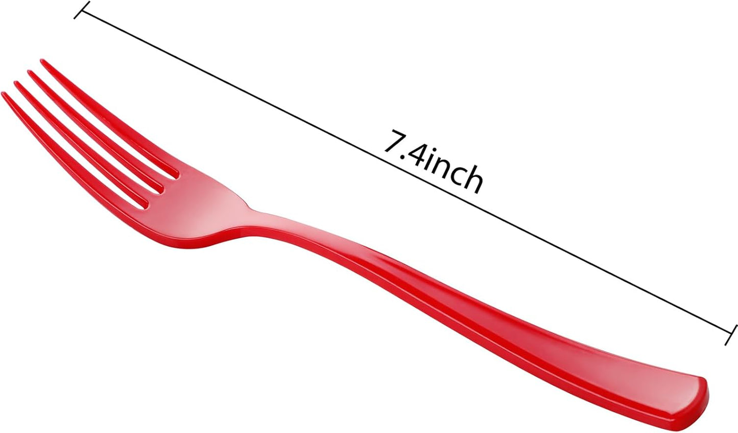 WDF 100 Red Christmas Forks - 7.4inch Heavy Duty Disposable Plastic Cutlery for Dessert Cake, Christmas or Daily Use