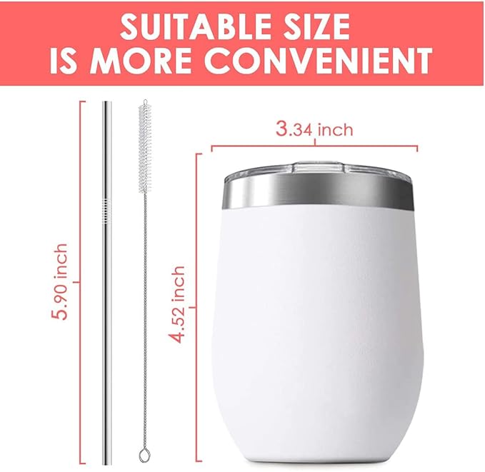 8 Pack 12 oz Stainless Steel Wine Tumbler with Lids, Double Wall Vacuum Insulated Travel Cup Including 8 Straws Set for Coffee, Cocktail, Drink, Tea and Beer (White)