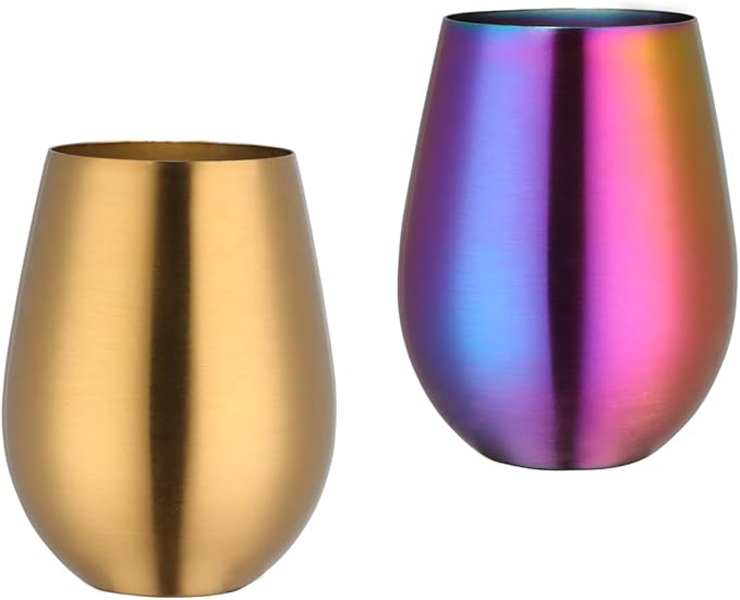 Buyer Star 304 Stainless Steel Wine Glasses Set of 2 - Large 17 oz Outdoor Stemless Wine Tumblers - 100% Unbreakable & Stemless Metal Drinking Cups for Home and Outdoors Dishwasher safe (Gold&Rainbow)