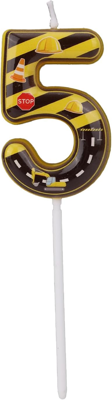 Construction Birthday Number Candles, Yellow & Black Striped Cake Topper Building Theme Party Decorations for Graduation Anniversary Celebration (Number 5)