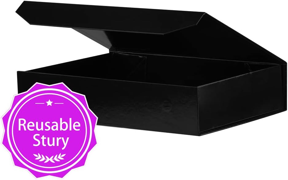 1 Pack Black Gift Boxes with Lids Small 12 x 8 x 2.7 Inches Clothes Gift Boxes for Presents Shirt Gift Boxes with Ribbon Magnetic Gift Boxes Bulk Cute Box for Packaging (Glossy Surface)
