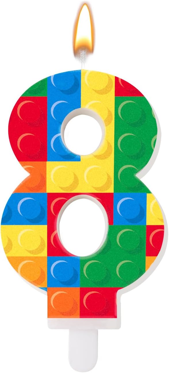 Building Block Themed Birthday Candle Number 1 Candle Birthday Party Decoration Cake Topper for Building Block Party Decoration Theme Parties Supplies (Number 8)