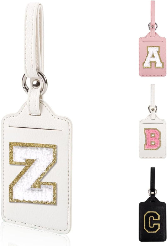 XSUIOY Personalized Initial Luggage Tags, Leather Chenille Letter Cute Luggage Tags with Privacy Name Card, Embroidered Travel Bag Backpack Tags Gifts for Women Kids Girls Teens (White-Z)