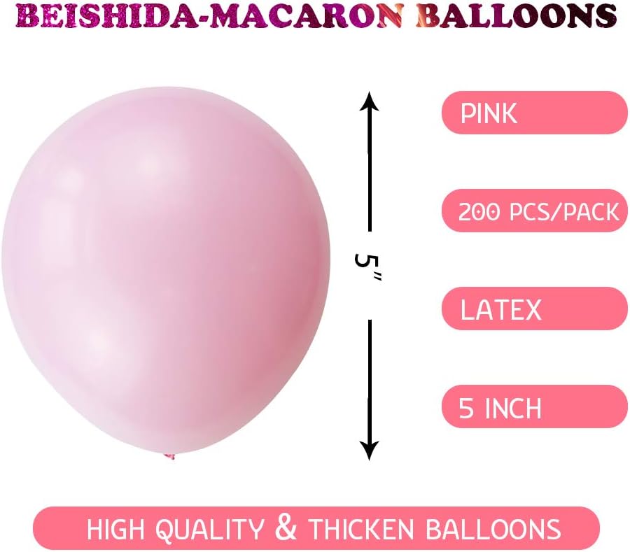 BEISHIDA 200 Pcs 5 Inch Pastel Pink Balloons Small Baby Pink Balloons Mini Light Pink Macaron Party Latex Ballons Round Baloons for Birthday Wedding Bridal Baby Shower Anniversary Party Decorations