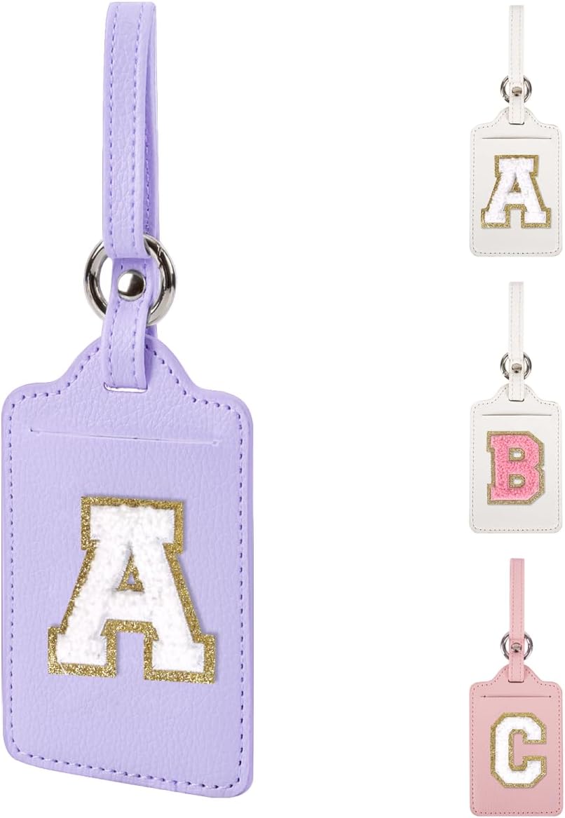 Personalized Initial Luggage Tags for Suitcases, Leather Chenille Letter Cute Luggage Tags with Privacy Name Card, Embroidered Travel Bag Backpack Tags Gifts for Women Kids Girls Teens(Purple-A)