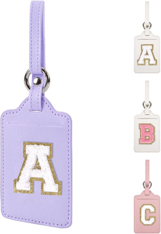 Personalized Initial Luggage Tags for Suitcases, Leather Chenille Letter Cute Luggage Tags with Privacy Name Card, Embroidered Travel Bag Backpack Tags Gifts for Women Kids Girls Teens(Purple-A)