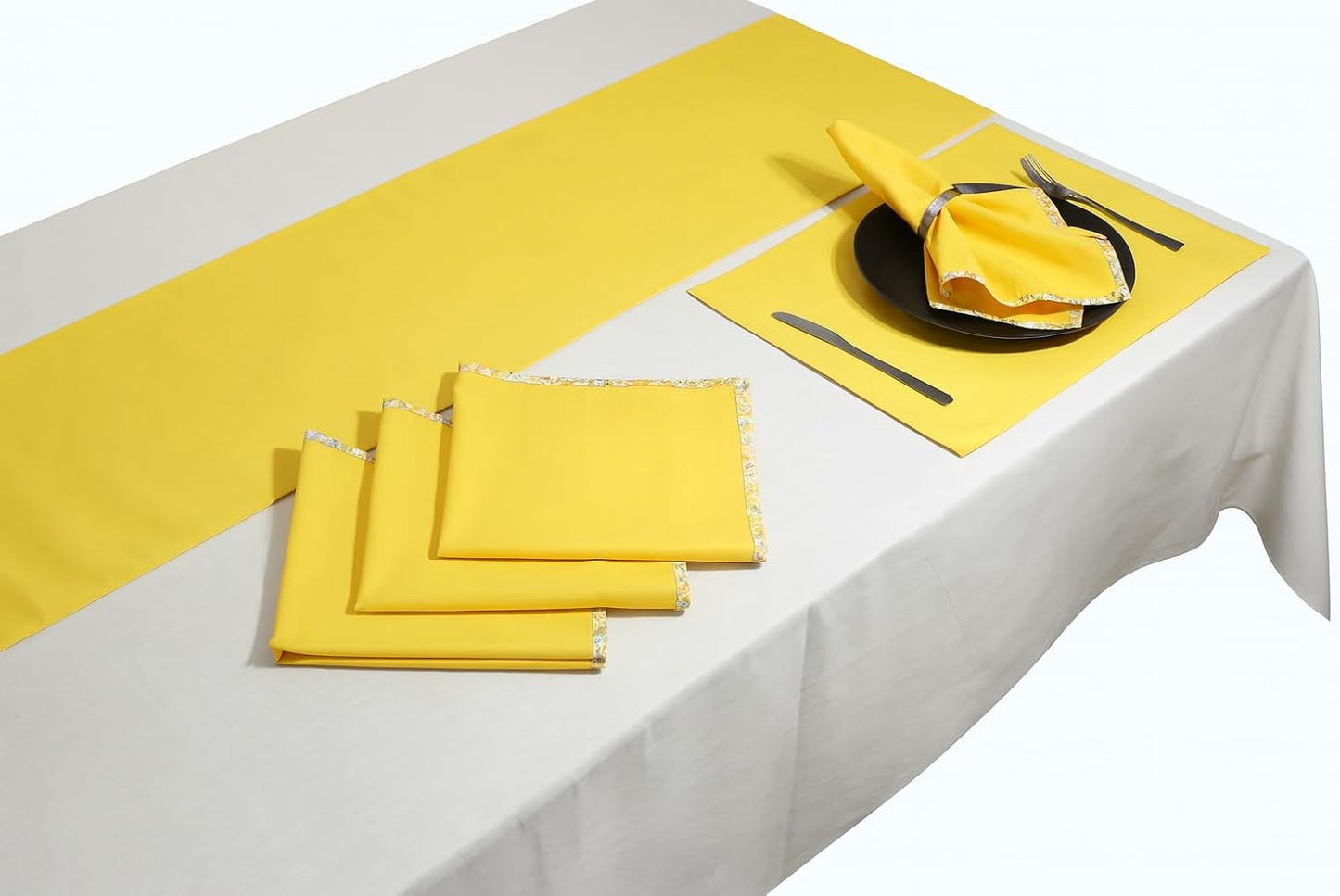 Indtresor Indian Heritage Fabric Cotton Table Linen Reversible Set Runner Napkins Mats in Yellow Orange