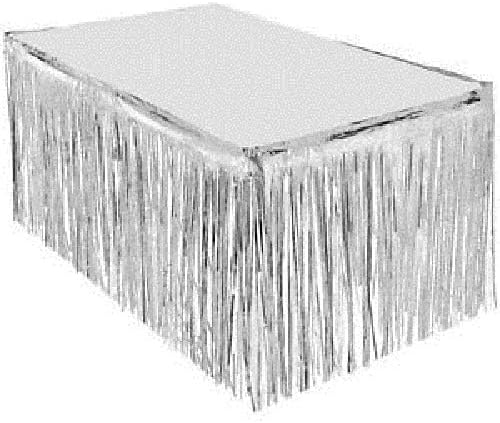 Set of 2 Metallic Foil Fringe Table Skirt 29x108 Inch Tinsel Disposable Skirting for Parade Floats Trailer, Mardi Gras Party, Birthday, Baby Shower, Wedding (Silver)