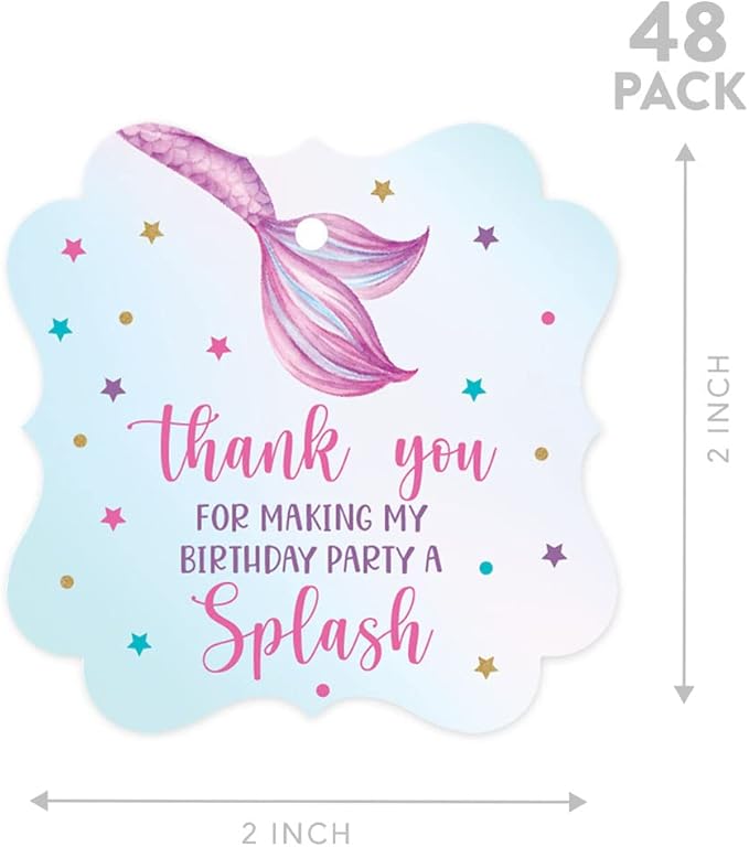 Andaz Press Fancy Frame Kids Party Favor Thank You Tags with String, 48-Pack Mermaid Birthday Gift Tags for Gift Bags, Favor Bags, Goody Bags, Girls Mermaid 1st Birthday Party Favors Hanging Tags