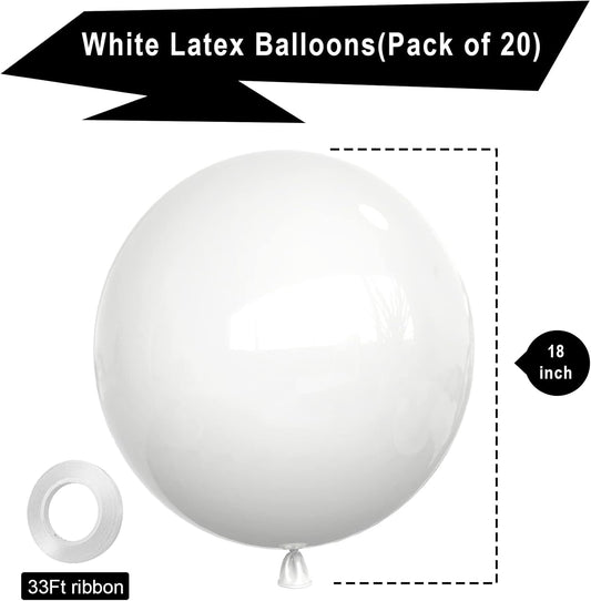 White Balloons Latex Party Balloons - 20 Pack 18 Inch Big White Thicker Balloons Large Round Helium Balloons for Baby Shower Wedding Graduation Birthday White Themed Party Decorations