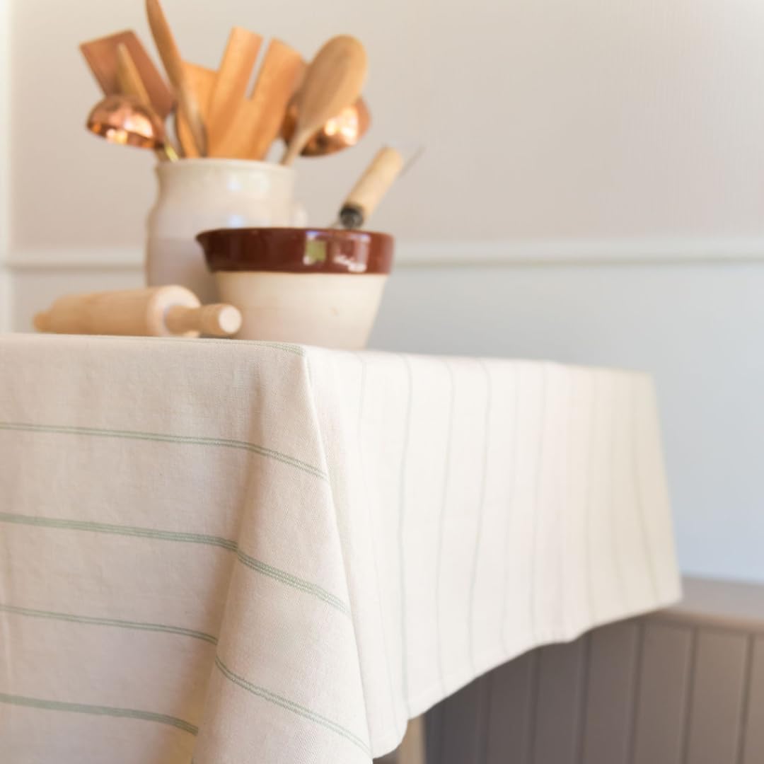 60x90 in Cotton Tablecloth – Large Rectangular Dining Table Cover for Kitchen, Weddings, Parties, Indoor or Outdoor Picnic and Everyday Décor – Green Stripe/Natural