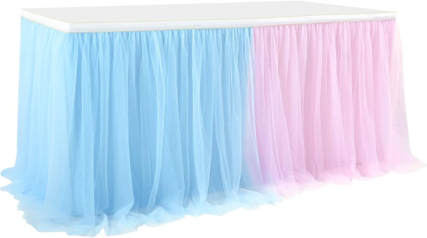 Suppromo 6ft Pink and Blue Tulle Table Skirt for Gender Reveal Tutu Table Clothes Cover for Baby Shower Boy or Girl Birthday Party Wedding Cake Gender Reveal Party Decorations Supplies