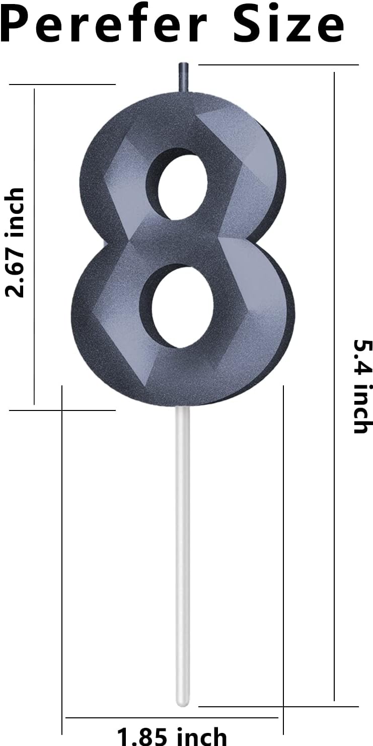 Number Birthday Candles(8 Candle Black) 3D Diamond Shape 8th Happy Birthday Cake Topper Decorations for Boy Men Birthday Wedding Anniversary Celebration Theme Party Supplies