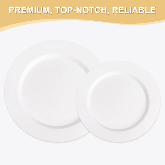 AOZITA 200pcs White Plastic Plates, Disposable Plates for Party, Heavy Duty Plastic Plates - 100 Dinner Plates and 100 Salad Plates, for Weddings, Parties and Events