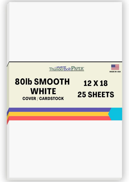 25 Bright White Smooth Card Paper Sheets - 12" X 18" (12X18 Inches) Large|Poster Size - 80# (80 lb/Pound) Cover Weight - Quality Paper for Consistency in Print as a Result of The Smooth Finish
