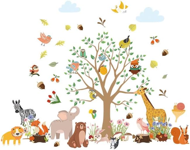 Big Tree Zoo Door Wall Stickers Baby Nursery Children's Room Wall Decor, Reusable Vinyl, Peel and Stick, Kids Mural Stickers
