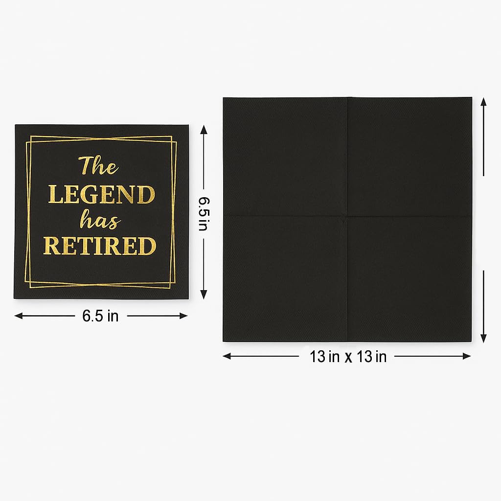 50‑Pack ‘The Legend Has Retired’ Black & Gold Napkins – 2‑Ply Cocktail, Lunch & Dinner Party Napkins – Elegant, Disposable Retirement Party Decoration – 6.5″ x 6.5″ Folded (Large, 50, Pack)