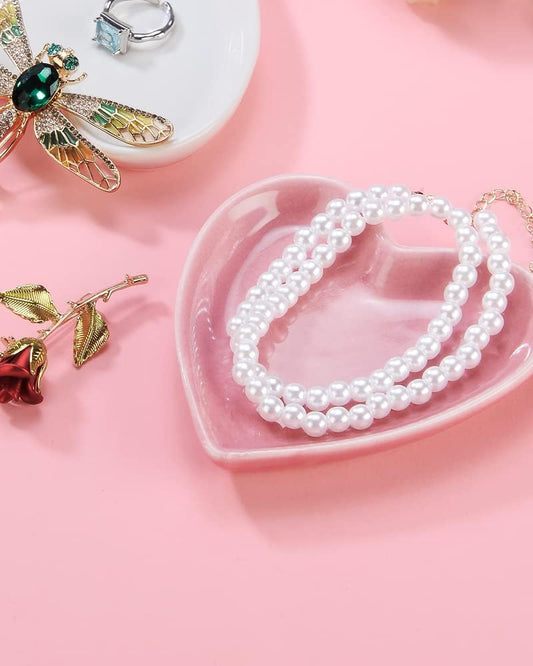 Pink Heart Jewelry Tray, Engagement Wedding Ring Dish Earring Holder for Newlyweds, Sweet Gift for Women, Ceramic. NO ROSE.