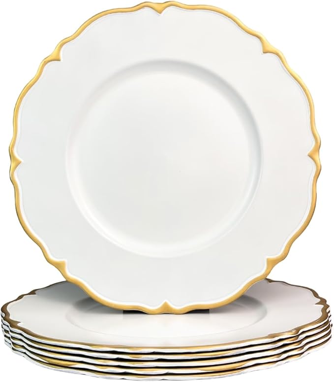 White Scalloped Charger Plates with Gold Rim, 13" Plastic Decoration Charger for Dinner Plates, Wedding, Tabletop Decor(Set of 6)