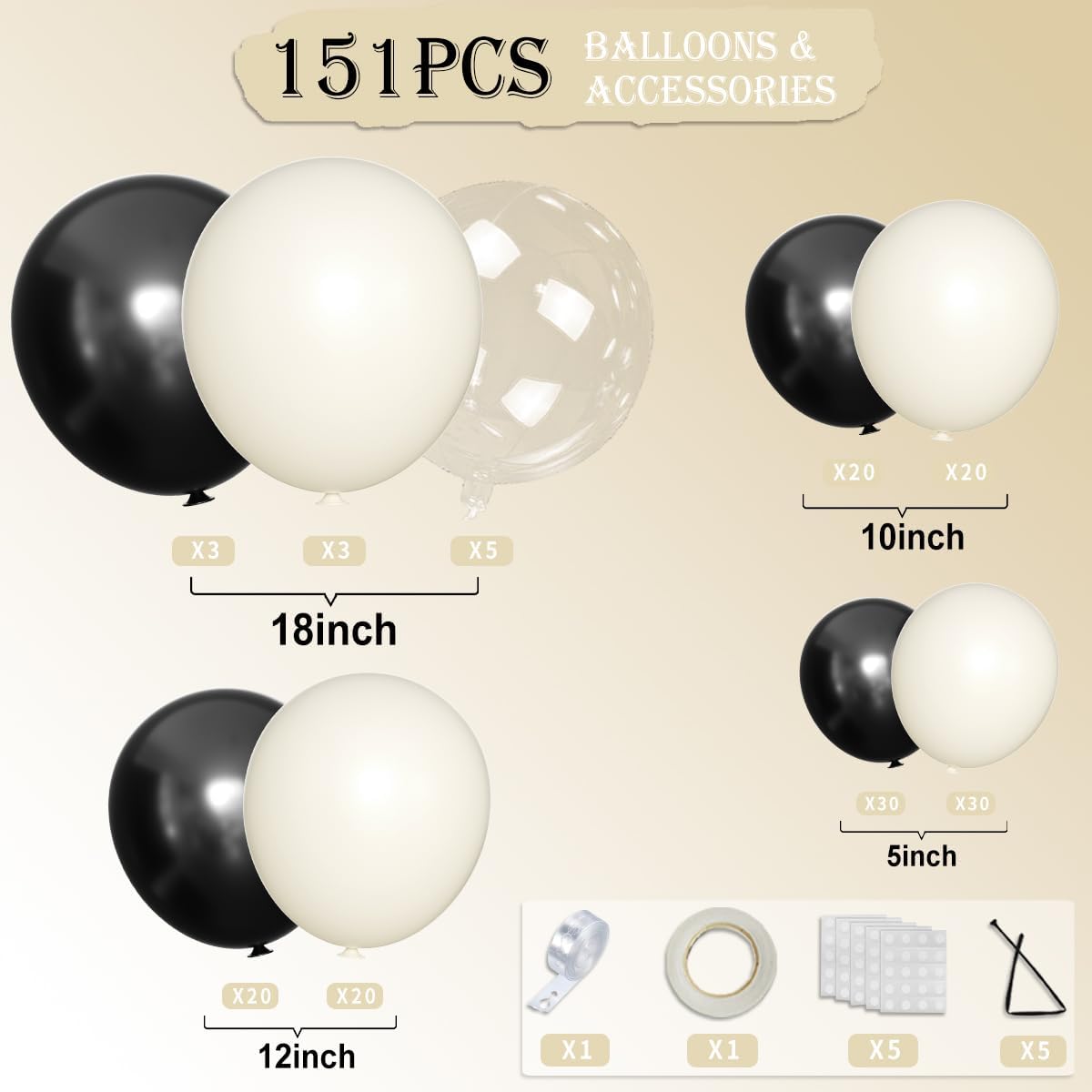 White Sand Black Balloons Arch Kit, 151Pcs Black Cream White and Bobo Balloons Garland 18 12 10 5 inch for Birthday Wedding Bridal Shower Bachelorette Anniversary Party Decorations