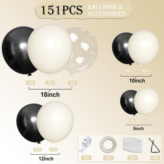White Sand Black Balloons Arch Kit, 151Pcs Black Cream White and Bobo Balloons Garland 18 12 10 5 inch for Birthday Wedding Bridal Shower Bachelorette Anniversary Party Decorations