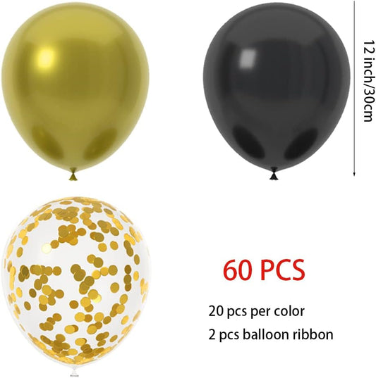 60 Pcs 12 Inch Latex Balloons in Black, Gold And Gold Confetti Perfect for Graduation, Birthday, Baby Shower, New Years, and Wedding Party Balloons Decoration