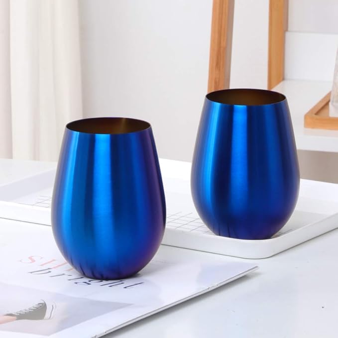 Buyer Star 304 Stainless Steel Wine Glasses Set of 2 - Large 17 oz Outdoor Stemless Wine Tumblers - 100% Unbreakable & Stemless Metal Drinking Cups for Home and Outdoors Dishwasher safe (Blue)