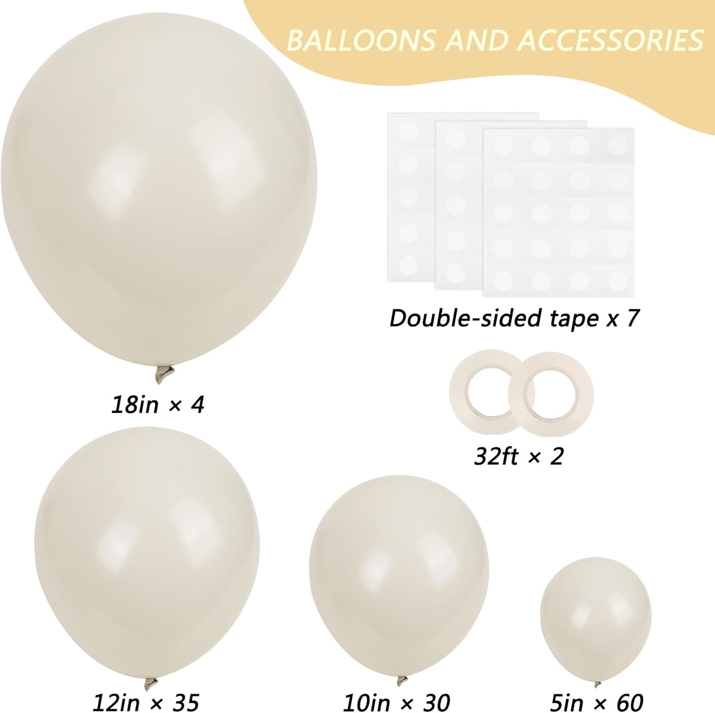 RUBFAC 129pcs Sand White Balloons Different Sizes 18 12 10 5 Inches, Cream Beige Latex Balloon Garland Arch for Birthday Party Graduation Wedding Anniversary Baby Shower Decoration