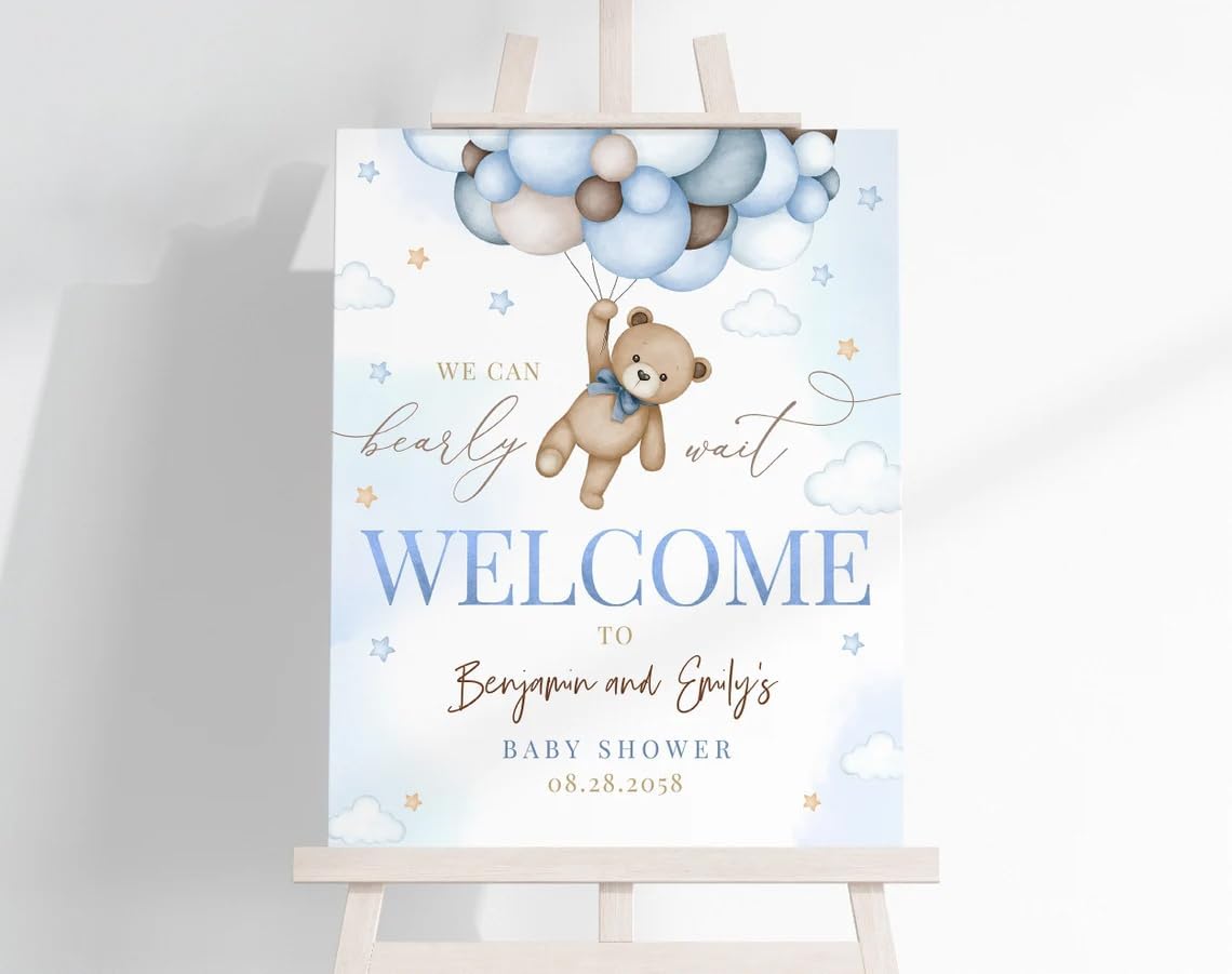 Generic Personalized Blue Boy Bear We Can Bearly Wait Baby Shower Welcome Sign Decor Decoration, Baby Boy Welcome Sign, Bear Baby Shower Decorations, Baby Announcement Sign, Full Size, Vesion #1