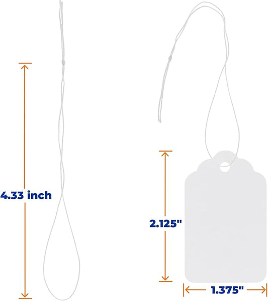 Price Tags with Strings Attached, 1000pcs Marking White Merchandise Hang Tags Labels for Goods Gifts Jewelry Clothing Garage Yard Rummage Sale Supplies 1 3/8" x 2 1/8"