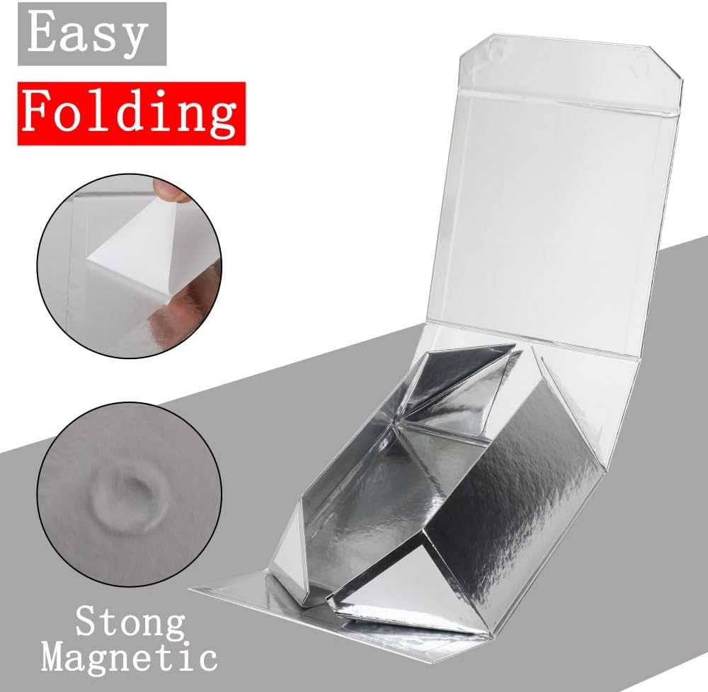 1 Pcs 6x6x3 Inch Silver Magnetic Gift Box with Crinkle Paper Silver Small Gift Box with Shredded Paper Luxury Gift Boxes with Lids for Presents