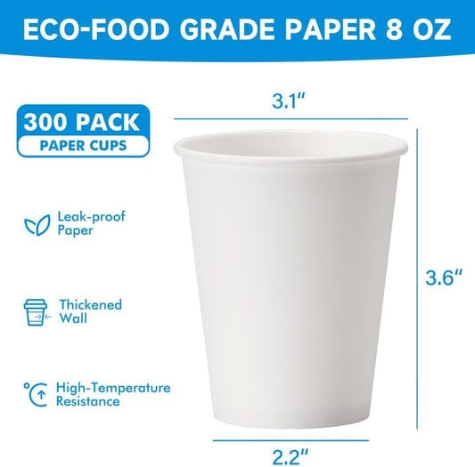RACETOP 8 oz 300 Pack Disposable Paper Coffee Cups, Disposable Paper Cups, Hot Coffee Cups for Office, Party, Home