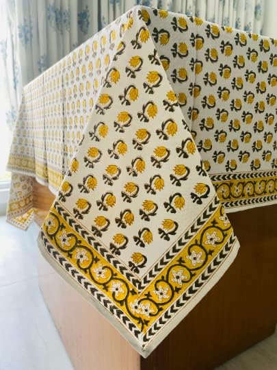Ridhi Hand Block Print Vintage Yellow Rectangle Cotton Tablecloth 102" x 48" Reusable Table Cover Decorative Everyday Use for Dining, Farmhouse, Home Gift for Spring, Easter, Valentine