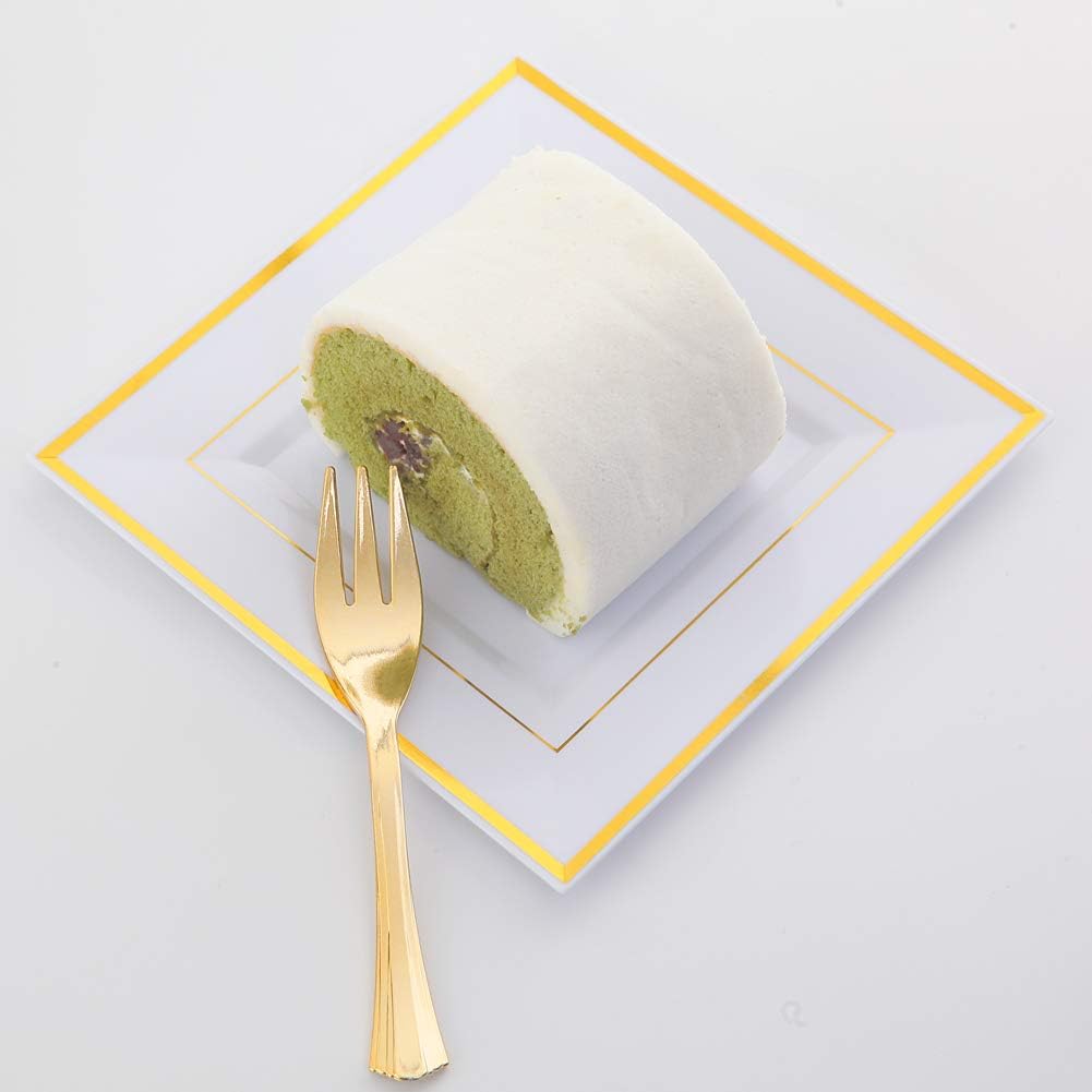WDF 200PCS Gold Plastic Dessert Plates with Plastic Forks -6” 100 Square Disposable Appetizer Plates Small Plate Cake Plate &100 Gold Small Appetizer Forks for Daily Using Thanksgiving