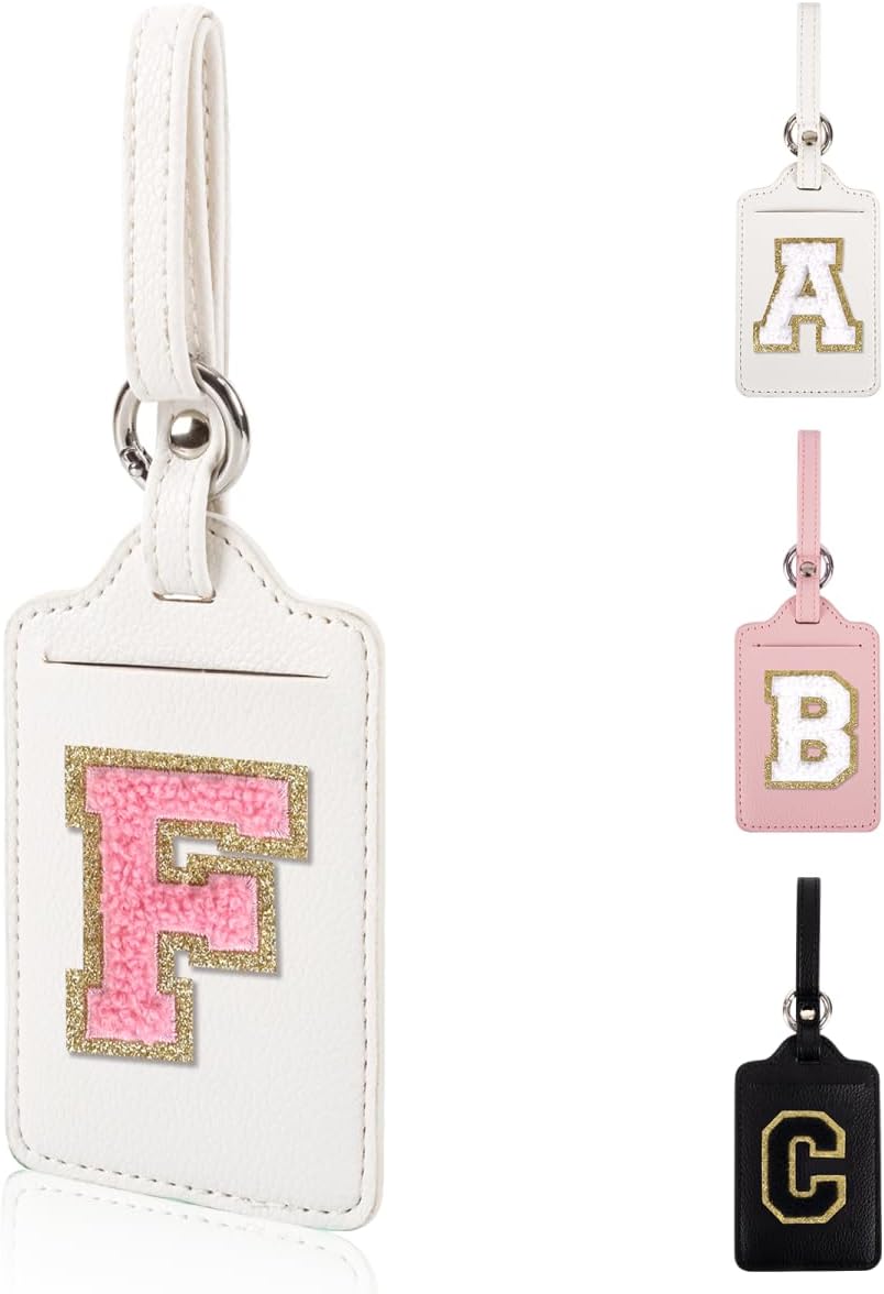 Personalized Initial Luggage Tags for Suitcases, Leather Chenille Letter Cute Luggage Tags with Privacy Name Card, Embroidered Travel Bag Backpack Tags Gifts for Women Kids Girls Teens(White-F)