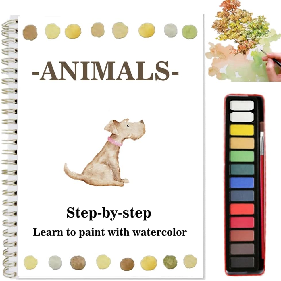 Watercolor Workbooks Coloring Book Easy Nature Scenes Beginner Friendly Watercolor Paint Set Art Crafts Painting Kit for Creative Exploration Gift for Adults Teens (Animals, with Palette)