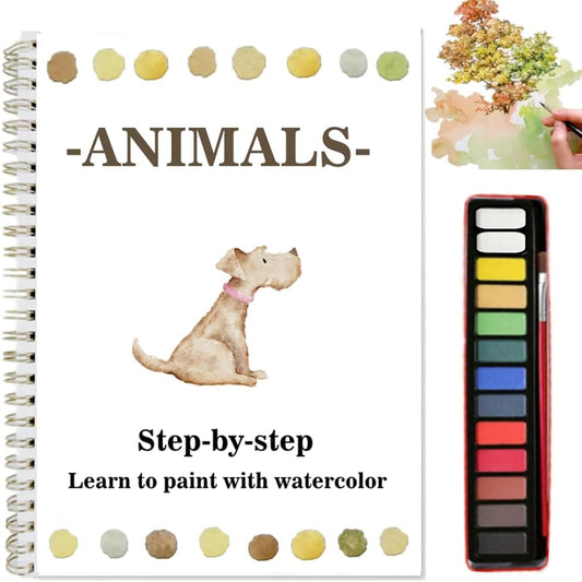 Watercolor Workbooks Coloring Book Easy Nature Scenes Beginner Friendly Watercolor Paint Set Art Crafts Painting Kit for Creative Exploration Gift for Adults Teens (Animals, with Palette)