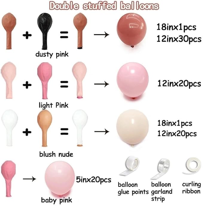 Dusty Pink Balloon Arch Kit, Double Stuffed Dusty Rose Muave Light Pink Cream Balloons Blush Nude Balloon Garland for Boho Baby Shower Bridal Shower Birthday Valentine Mother's Day Party Decorations