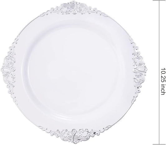 Hioasis 100pcs White Silver Plastic Plates - 10.25" Dinner Plates Disposable, Heavy -duty, Classy and Elegant for Thanksgiving