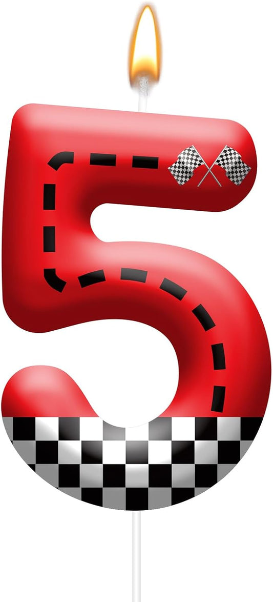 Racing Car Theme Birthday Candle with Checkered Flag Design - Durable Cake Topper for Race Car Party Decorations,Birthday Supplies - Number 5 Candle for Racing Themed Celebrations