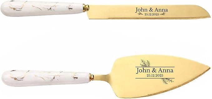 sinfinate Personalized Wedding Cake Knife and Server Set Gold - Custom Engraved Stainless Steel Cake Servers Cutting Set with Marble Pattern, Elegant Gift for Wedding Anniversary Birthday Christmas