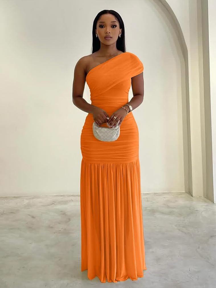 LAGSHIAN Women's Elegant Formal Long Dress One Shoulder Sleeveless Ruched Bodycon Evening Dress