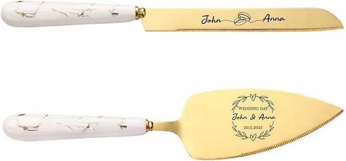 Personalized Gold Wedding Cake Knife and Server Set - Custom Engraved Stainless Steel Cake Pie Pastry Servers Cutter Set with Marble Pattern, Elegant Gift for Wedding Anniversary Birthday Christmas