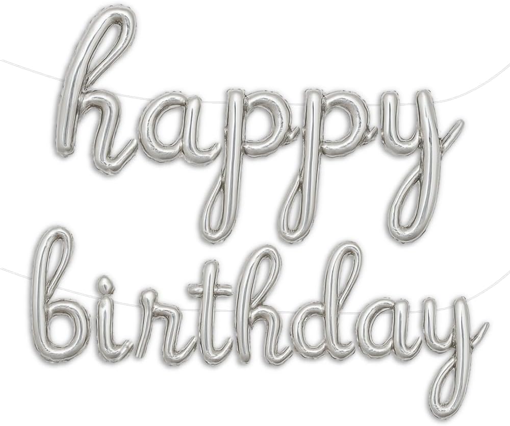 Silver Happy Birthday Balloons Banner | Script/Cursive Gold Letter Balloon Sign For Birthday Party Decor/Decoration | Foil Mylar Happy Birthday Banner
