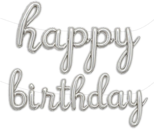Silver Happy Birthday Balloons Banner | Script/Cursive Gold Letter Balloon Sign For Birthday Party Decor/Decoration | Foil Mylar Happy Birthday Banner